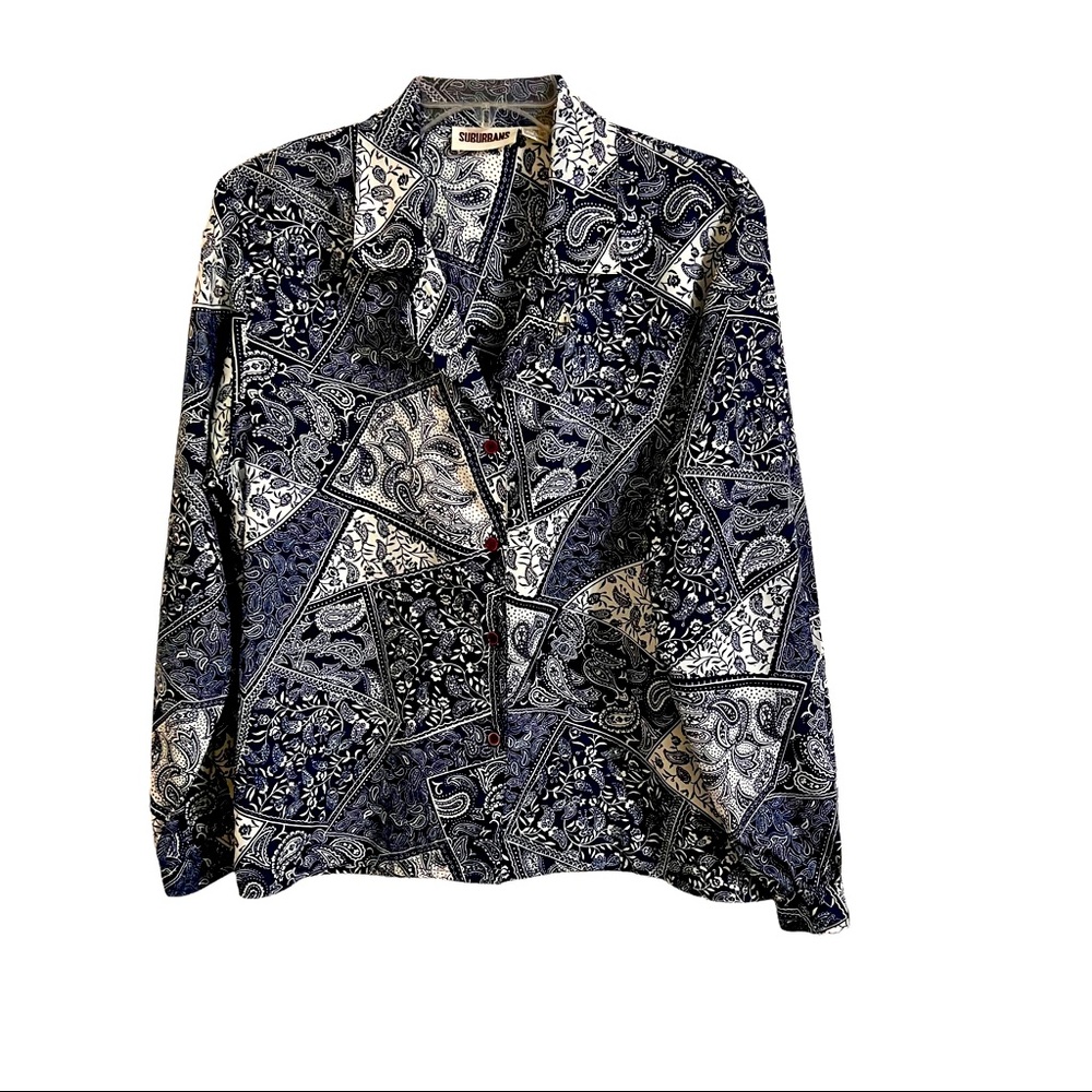 Vintage Suburbans Navy Blue Bandana Blouse Size 8 Button Up Long Sleeve